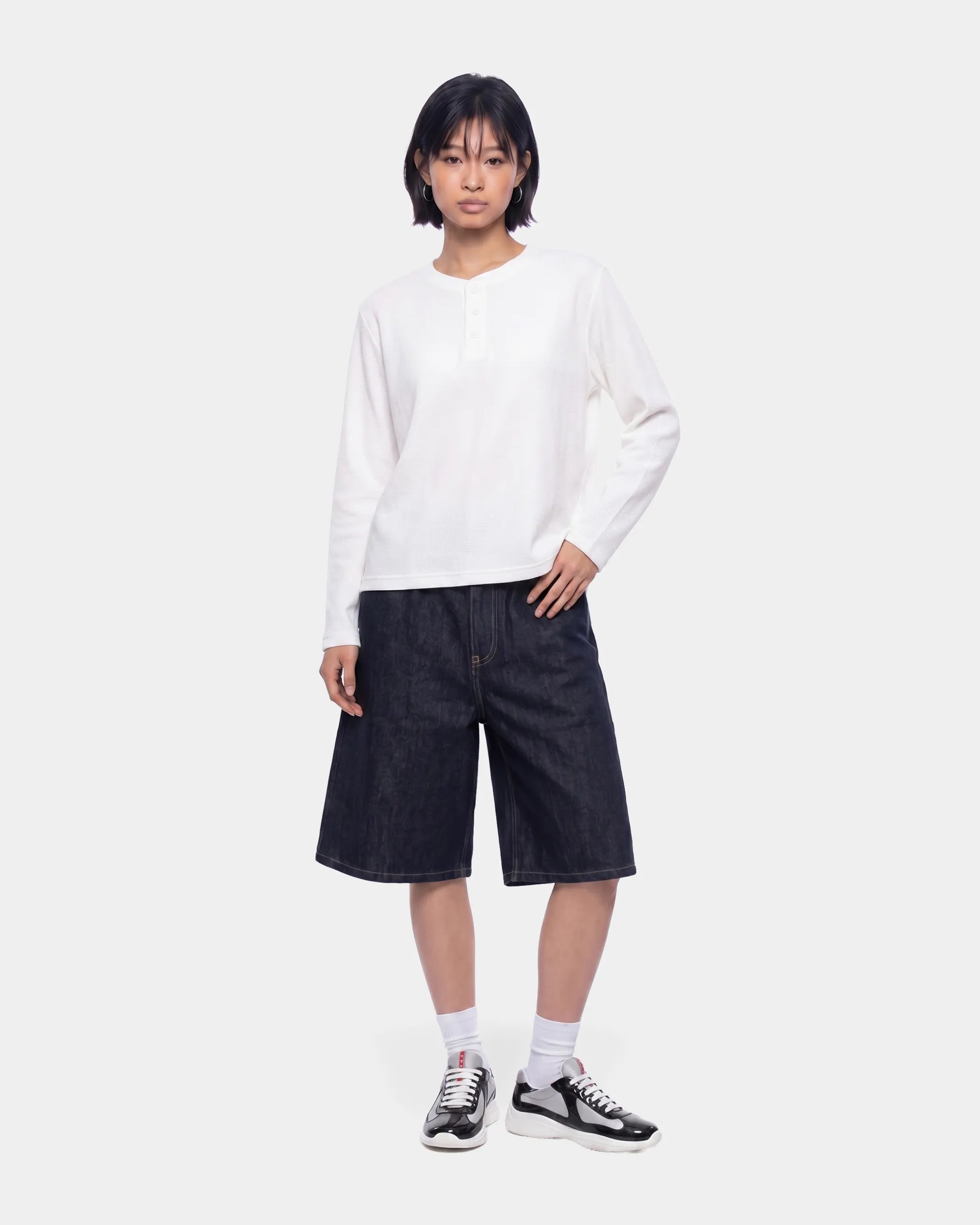 Waffle White Henley Lognsleeve