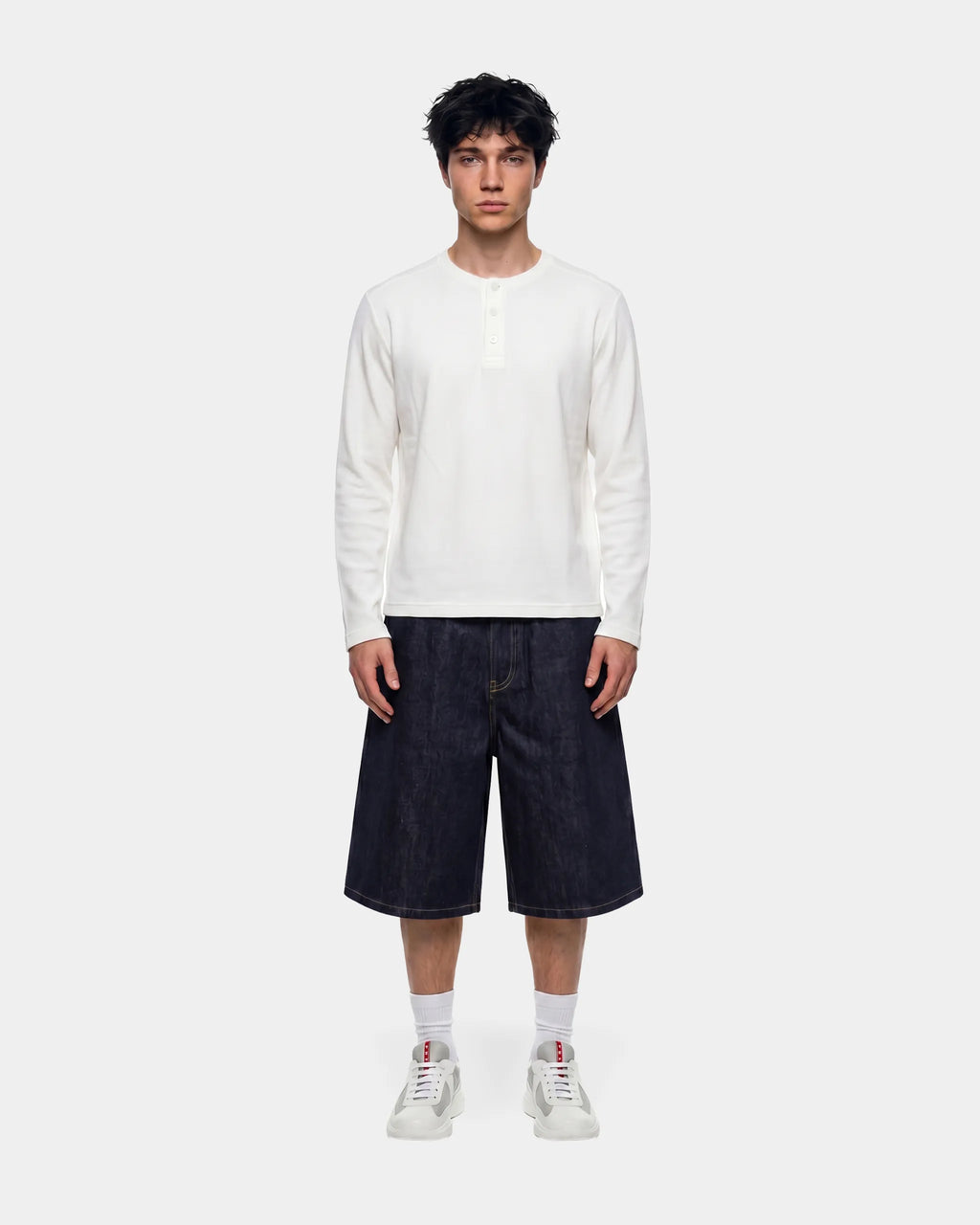 Waffle White Henley Lognsleeve