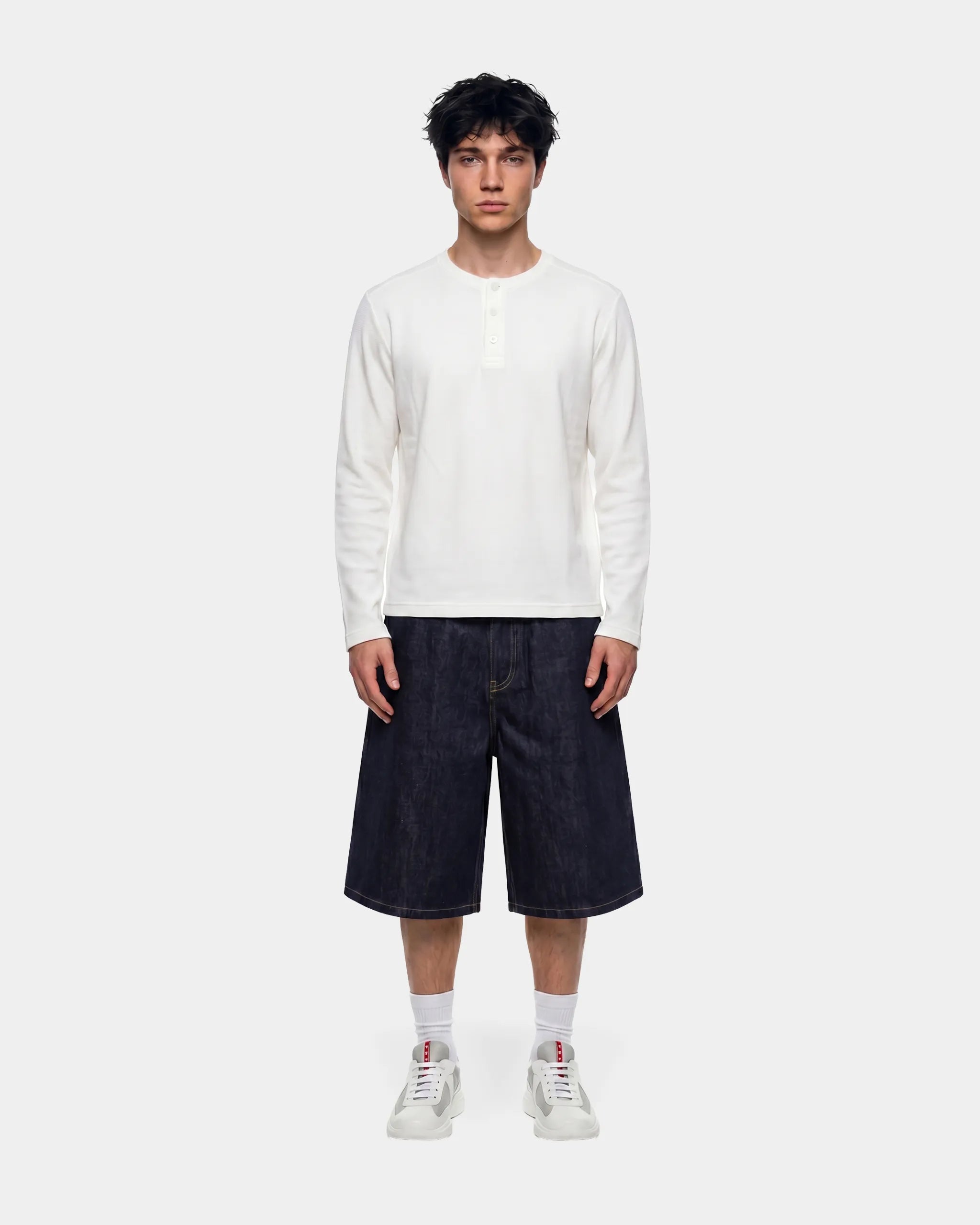 Waffle White Henley Lognsleeve