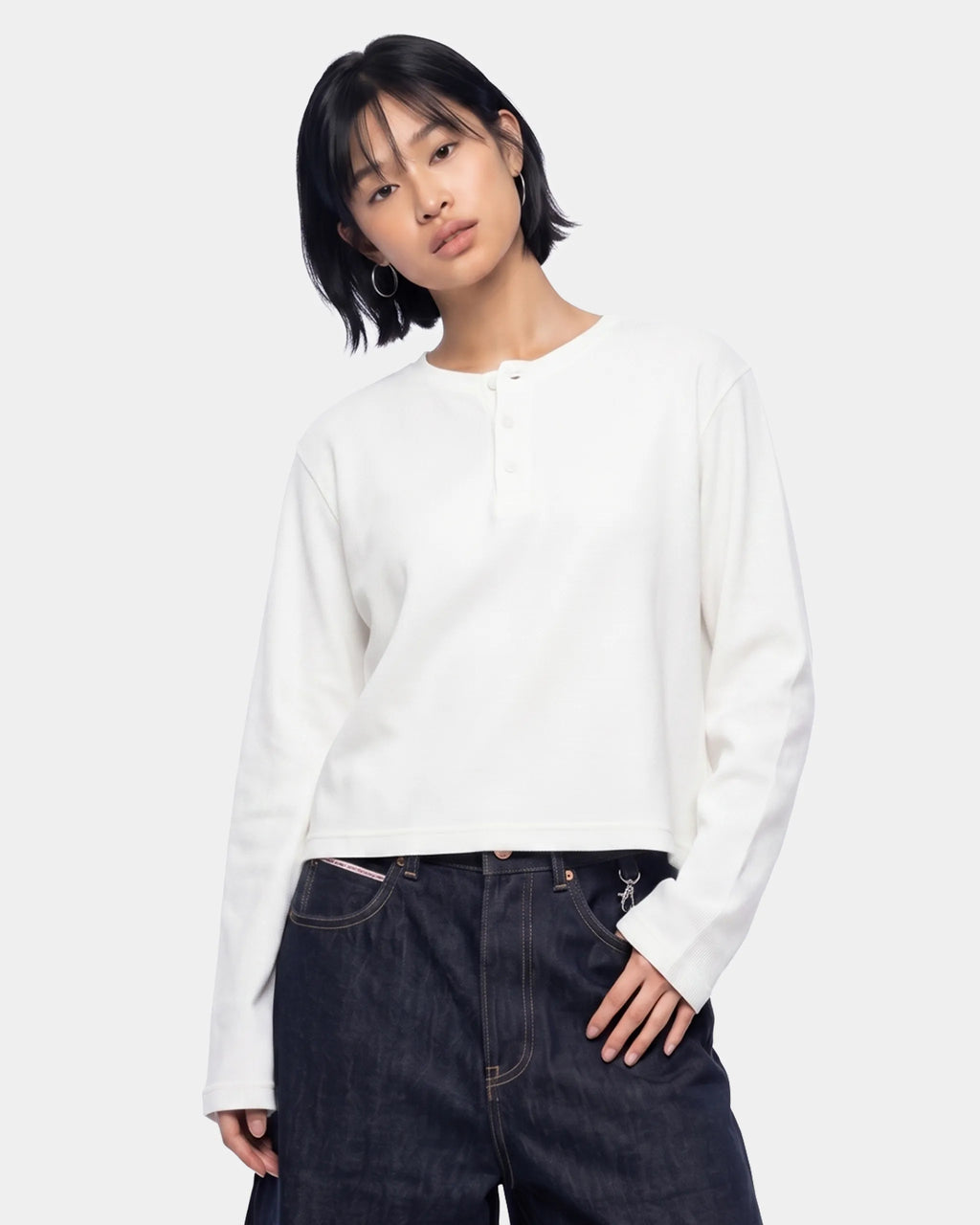 Waffle White Henley Lognsleeve