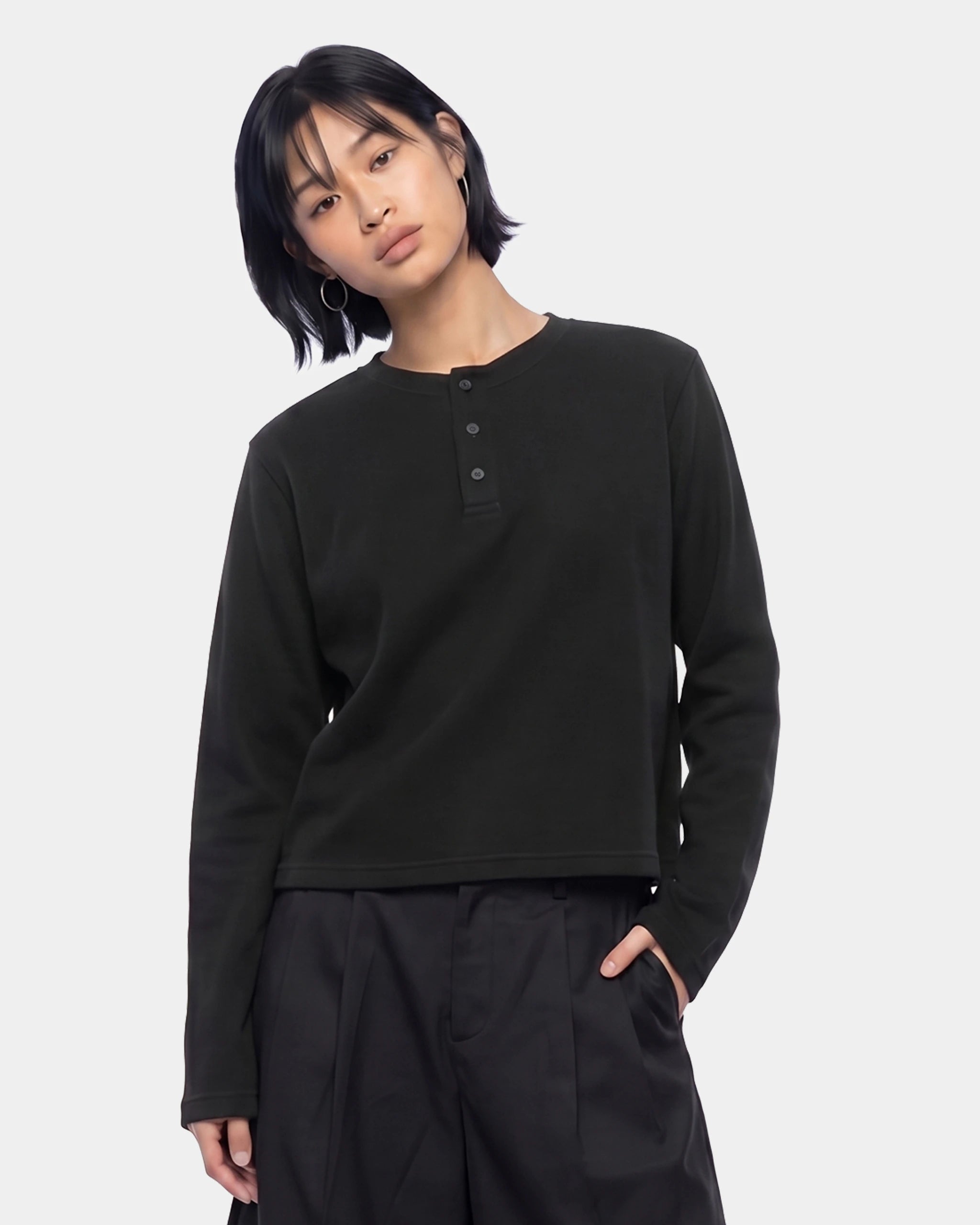 Waffle Black Henley Lognsleeve